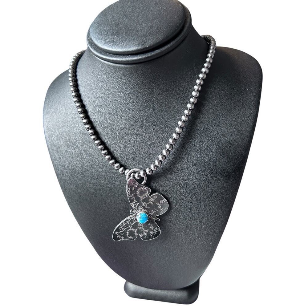 Kingman Turquoise In Sterling Hand Stamped Nickel Silver Butterfly Pendent New
